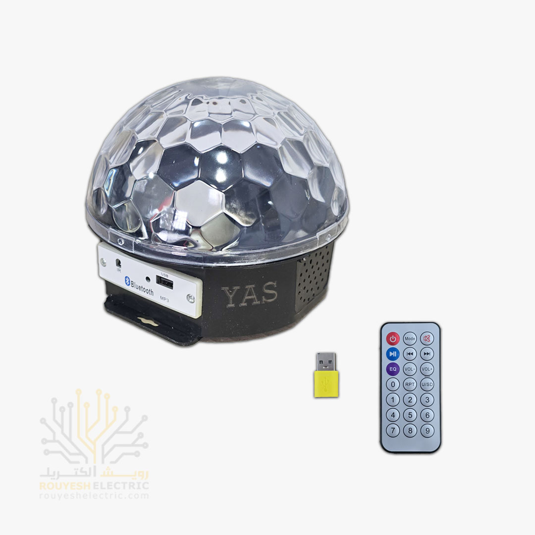 چراغ رقص نور دیسکویی برند یاس مدل نیم‌کره بلوتوث و اسپیکر دار با پورت USB