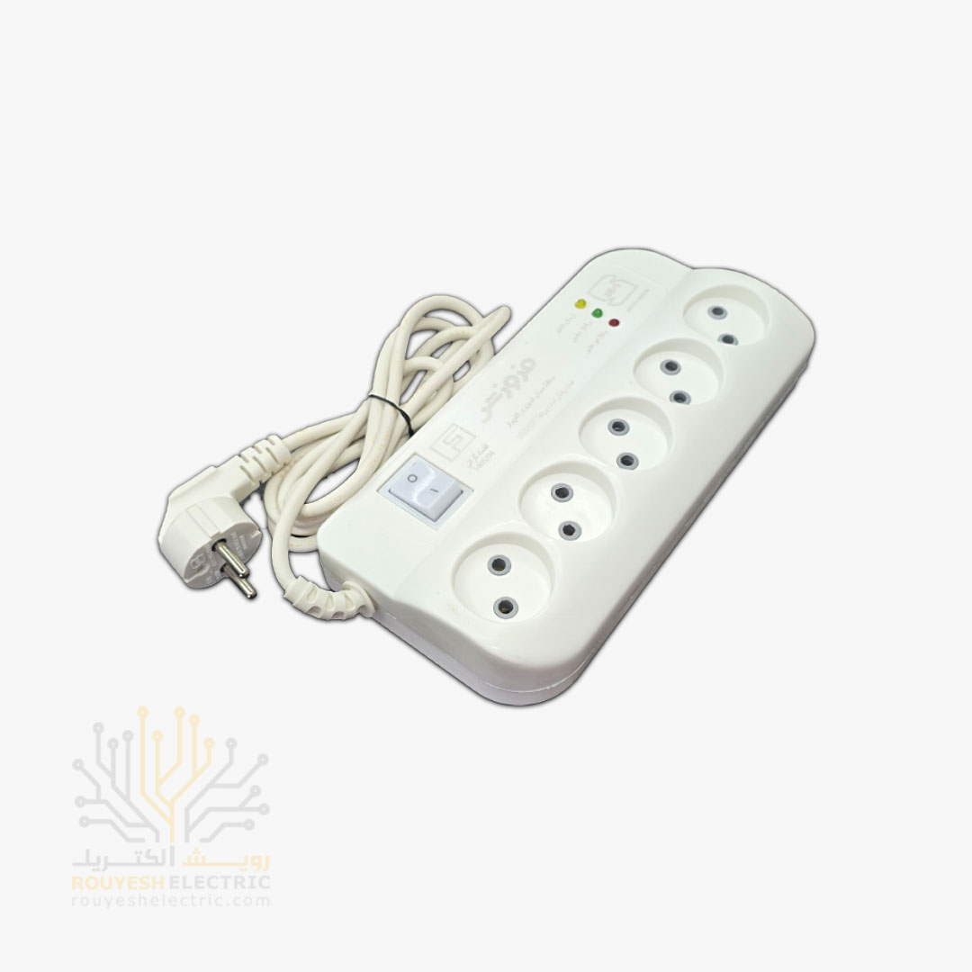 محافظ برق کامپیوتر سیار پنج خانه برند فروزش مدل FR250 بدون ارت کلید دار بدنه سفید آنالوگ 1/8 متری