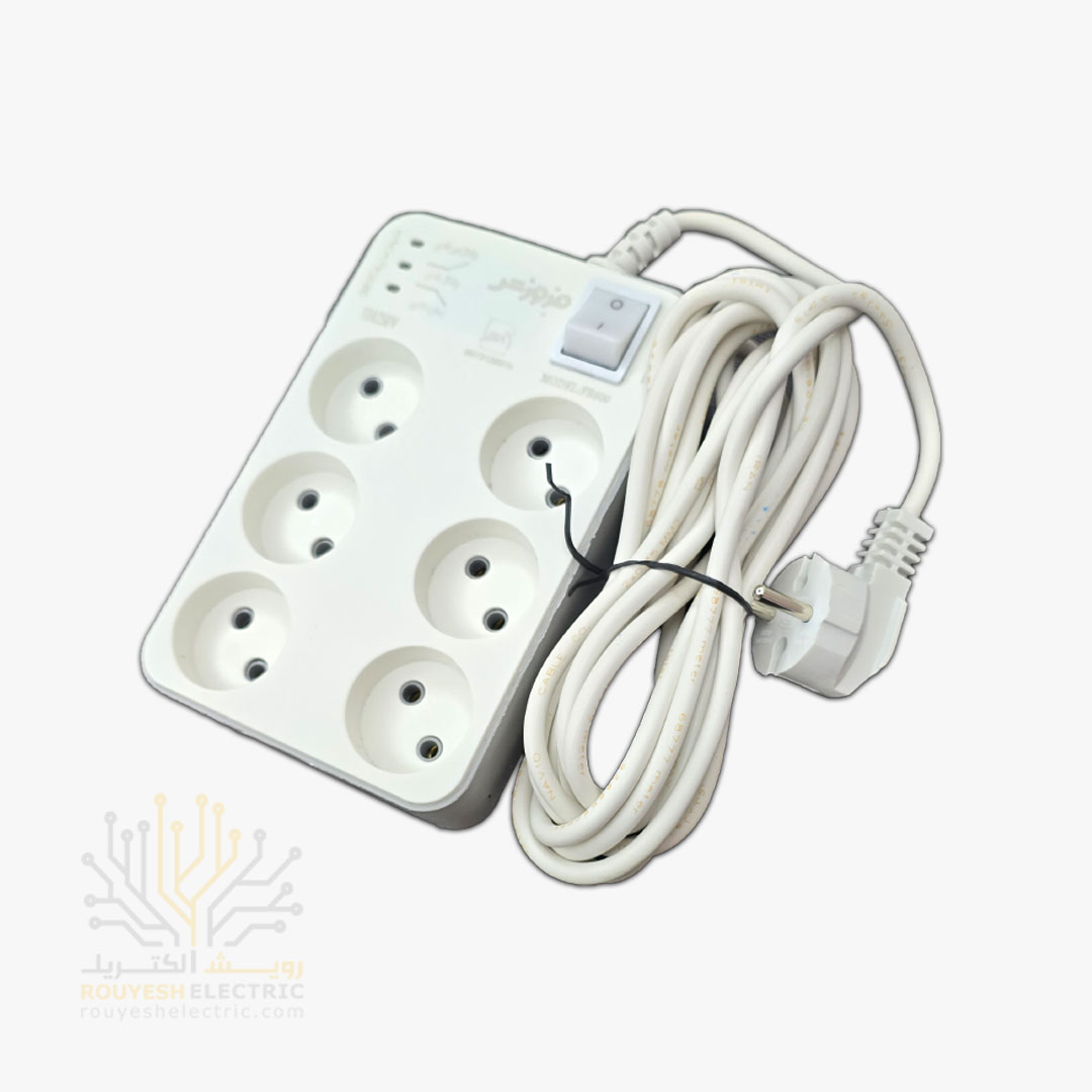 محافظ برق کامپیوتر سیار شش خانه برند فروزش مدل FR600 بدون ارت کلید دار بدنه سفید آنالوگ 1/8 متری