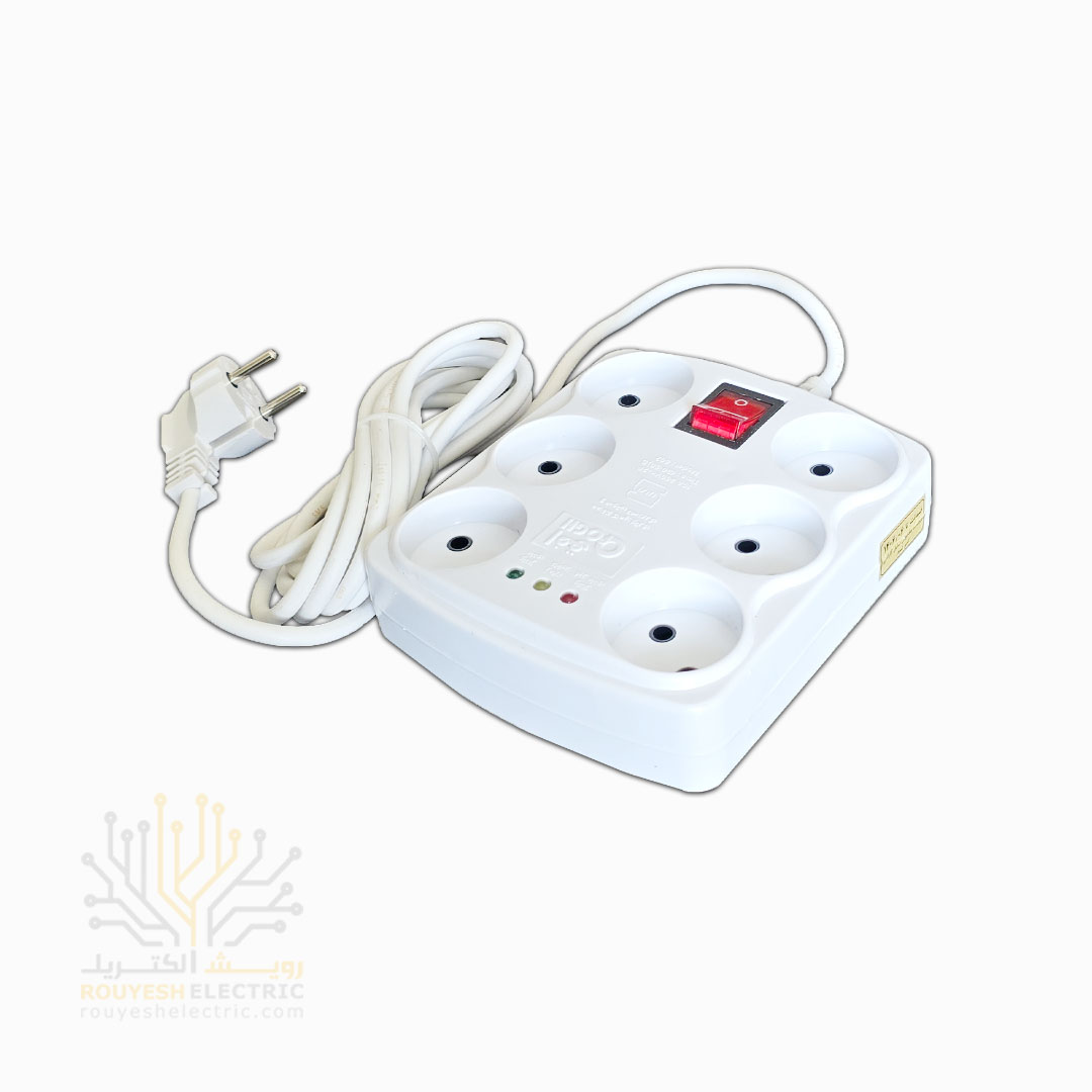 محافظ برق کامپیوتر سیار شش خانه برند افق مدل 602 استاندارد بدون ارت کلید دار بدنه سفید آنالوگ 3 متری