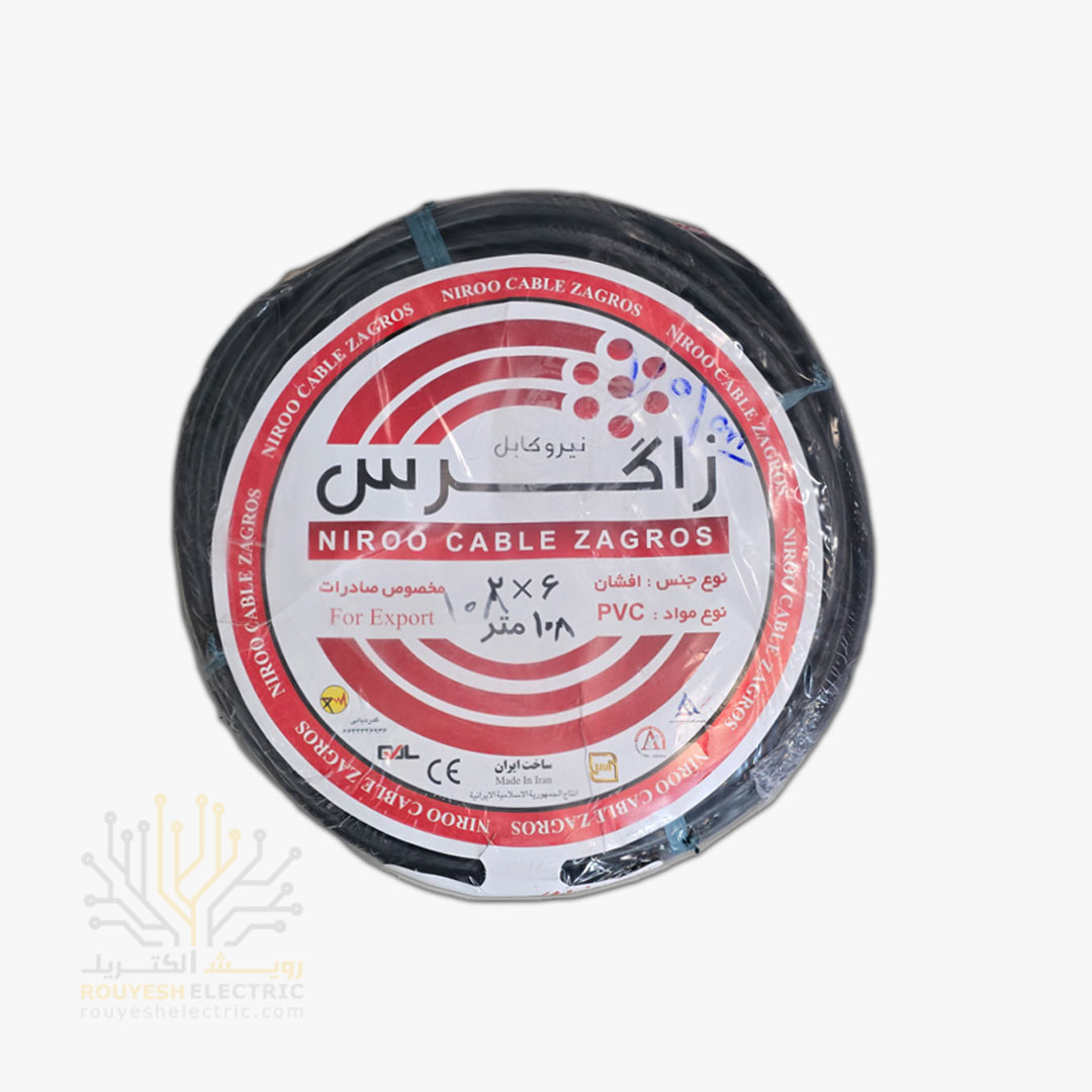 کابل برق نمره 2x6 برند نیرو کابل زاگرس استاندارد حلقه 108 متری