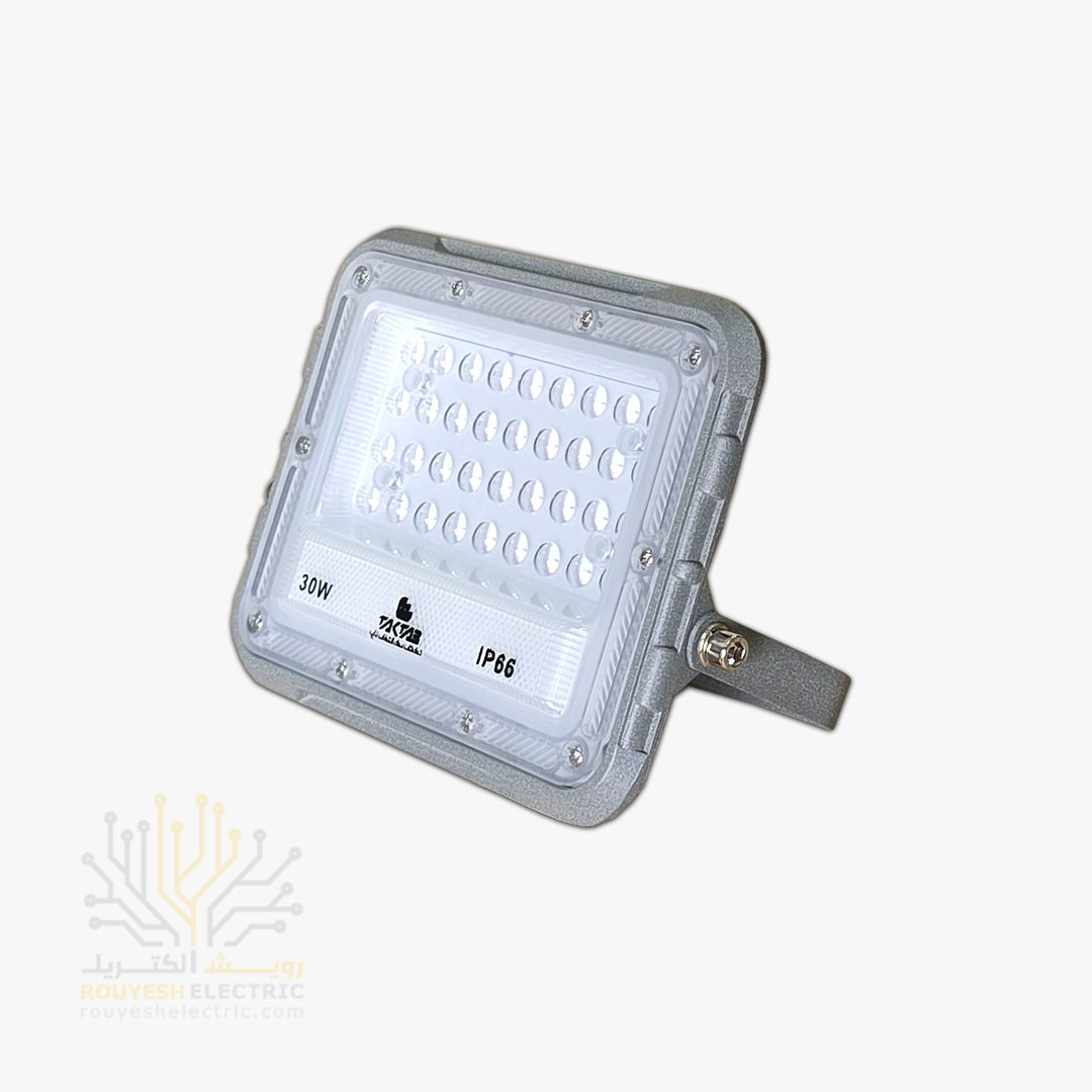 پروژکتور 30 وات SMD برند تک تاب مدل تیارا بدنه طوسی با درایور رنگ مهتابی