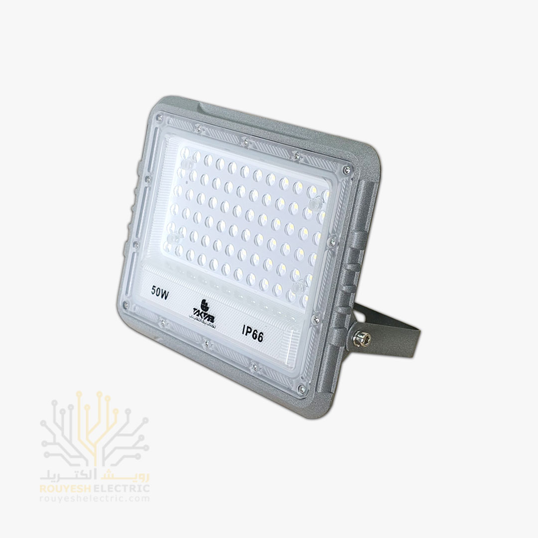 پروژکتور 50 وات SMD برند تک تاب مدل تیارا بدنه طوسی با درایور رنگ مهتابی