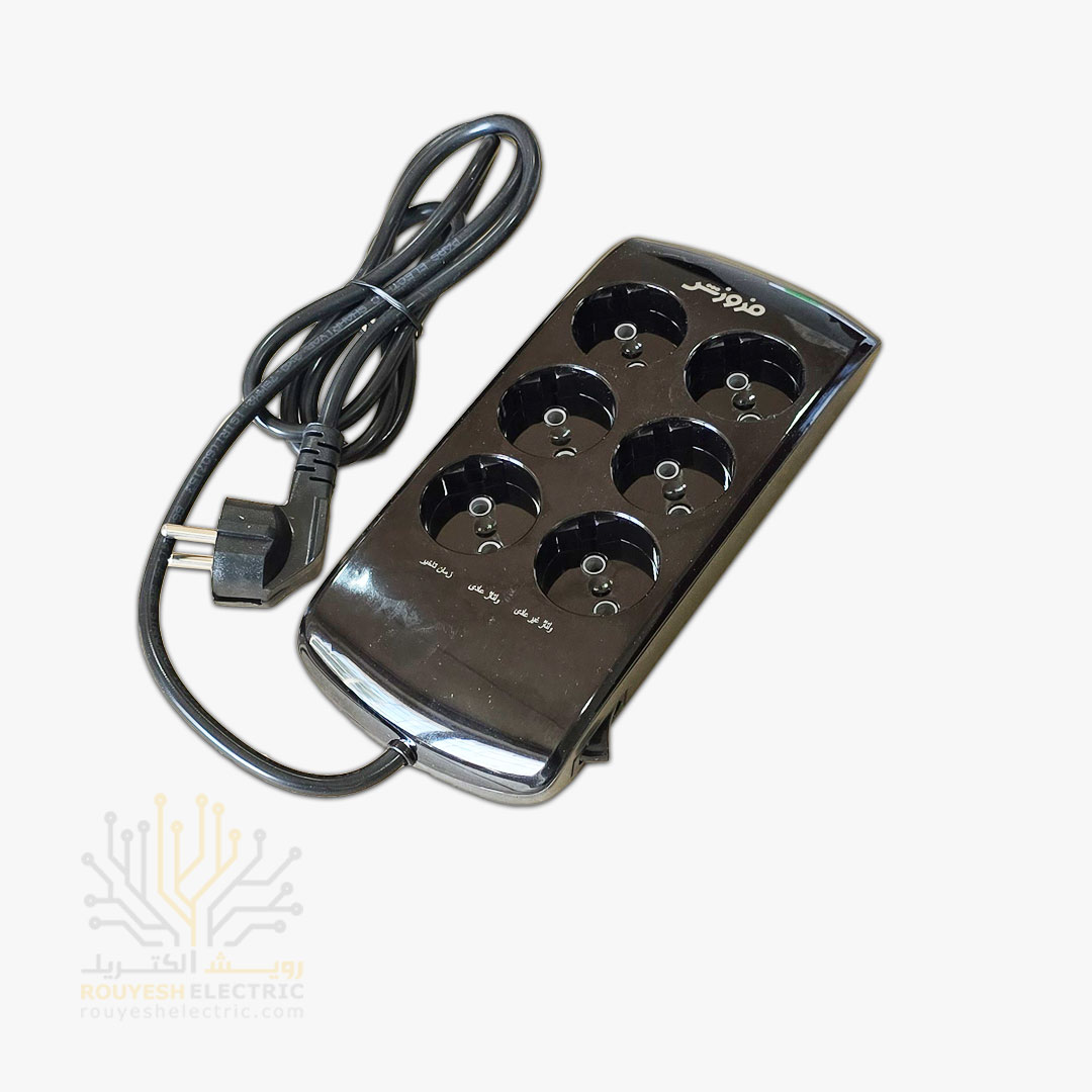 محافظ برق کامپیوتر سیار شش خانه برند فروزش مدل LT600D لوتوس بدون ارت بدون کلید بدنه مشکی دیجیتال 1/8 متری