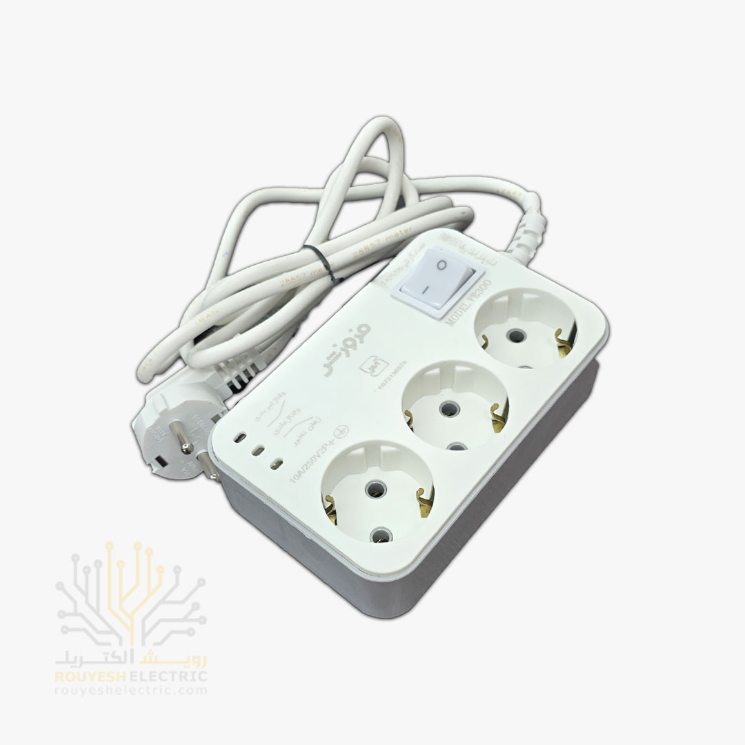 محافظ برق یخچال سیار سه خانه برند فروزش مدل FR300 ارتدار کلید دار بدنه سفید آنالوگ 1/8 متری