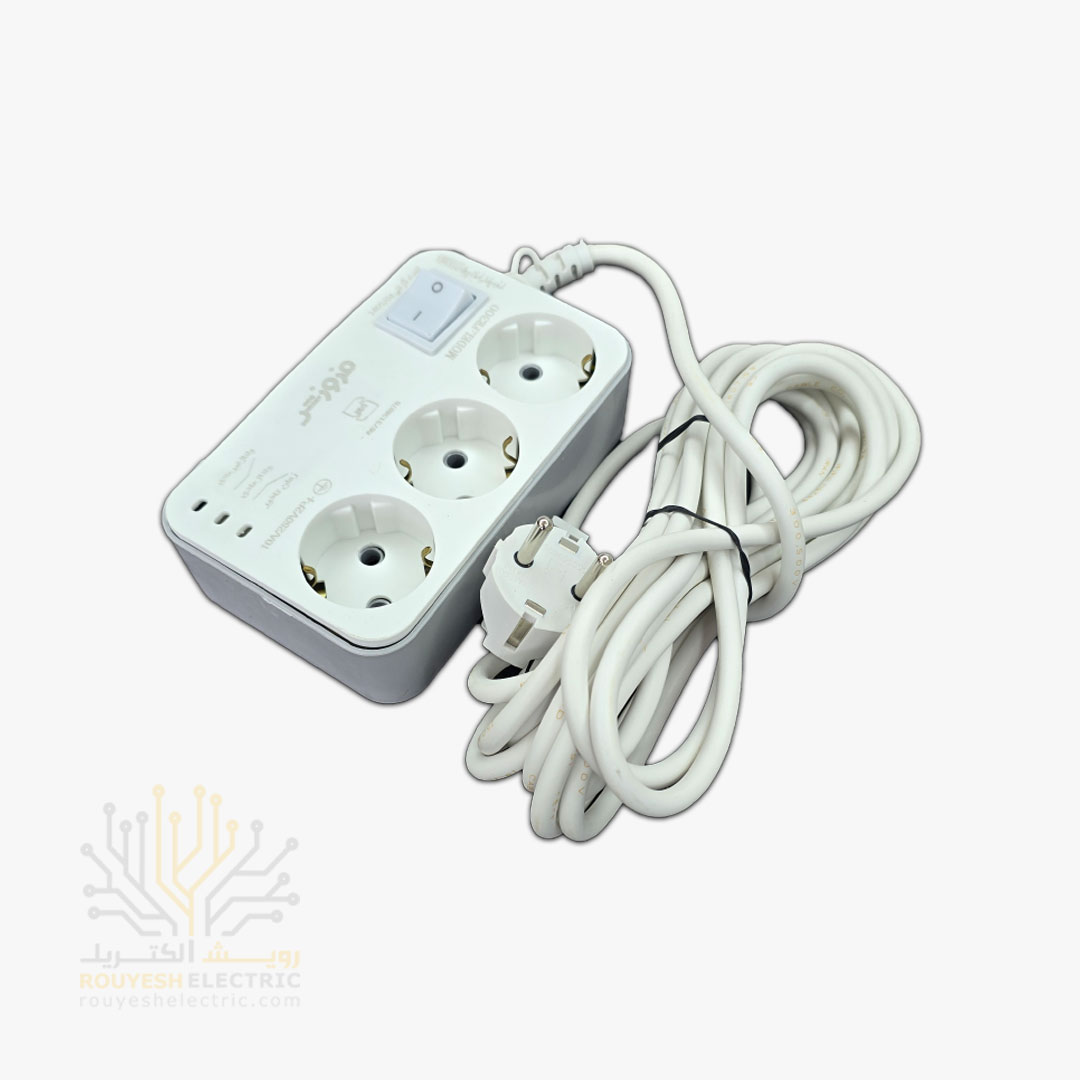 محافظ برق یخچال سیار سه خانه برند فروزش مدل FR300 ارتدار کلید دار بدنه سفید آنالوگ 4/8 متری