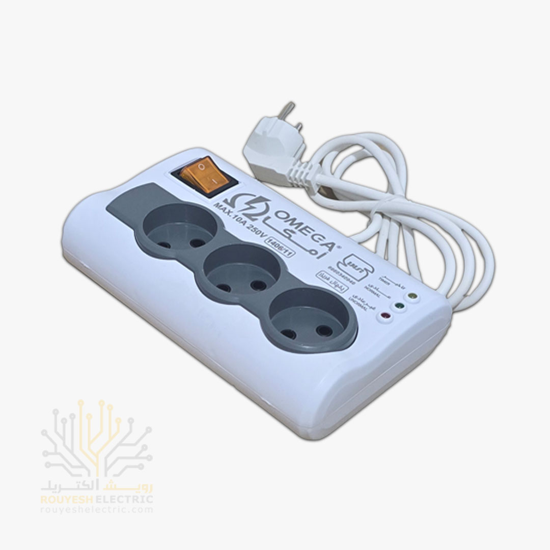 محافظ برق یخچال سیار سه خانه برند امگا مدل p3100 استاندار بدون ارت کلید دار 1/5 متری